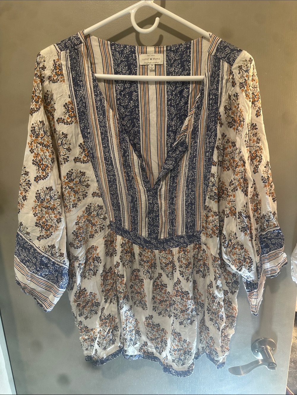 Lucky Brand Navy & Cream Floral Peasant Tunic with Gold Accents